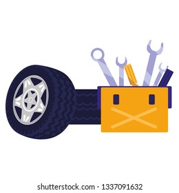 tools box mechanic with wrench keys and car tires