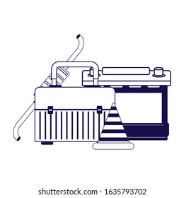 tools box, traffic cone and car battery over white background, flat design, vector illustration