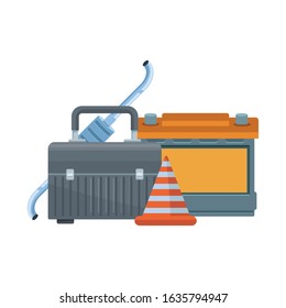 tools box, traffic cone and car battery over white background, vector illustration