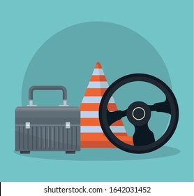 tools box with traffic cone and steering wheel over blue background, colorful design, vector illustration