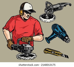 Tools of buffing worker colorful elements set with man in ear protectors and cap using polishing machine, technical, dryer, box cutter knife, vector illustration