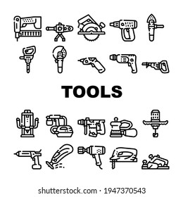 Tools For Building Collection Icons Set Vector. Jigsaw And Jackhammer, Neiler And Electric Planer, Spray Gun And Wrench, Flazer And Mixer Tools Black Contour Illustrations
