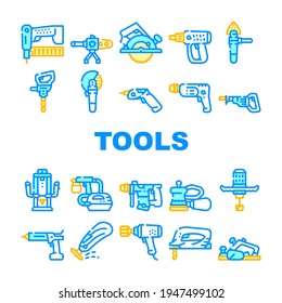 Tools For Building Collection Icons Set Vector. Jigsaw And Jackhammer, Neiler And Electric Planer, Spray Gun And Wrench, Flazer And Mixer Tools Concept Linear Pictograms. Contour Illustrations