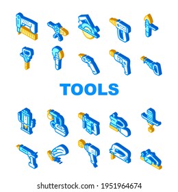 Tools zum Erstellen von Symbolen für Kollektionen Set Vector. Jigsaw und Jackhammer, Neiler und Elektro-Planer, Sprühköpfe und -schlüssel, Flazer- und Mixerwerkzeuge, symbolische Zeichenfarben