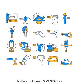 Herramientas Para Construir Iconos De Colección Conjunto De Vector. Jigsaw Y Jackhammer, Neiler Y Cepilladora Eléctrica, Pistola De Pulverización Y Llave, Flazer Y Herramientas De Mezclador Ilustraciones de contorno de color