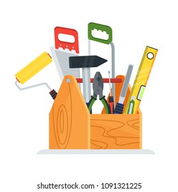 Tools for building construction, home repair in wooden toolbox. Hammer and pliers, saw and tape measure, brush and file. Flat vector icons for households, service providers isolated on background.