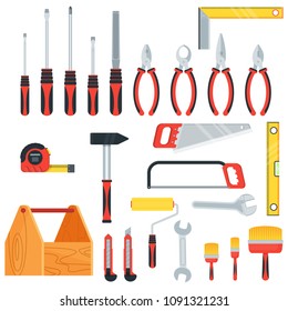 Tools for building construction and home repair. Hammer and pliers, saw and tape measure, brush and file. Flat vector icons for households, service providers isolated on white background.