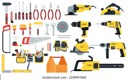 Tools for building construction, home repair in wooden toolbox. Hammer and pliers, saw and tape measure, brush and file. Flat vector icons for households, service providers isolated on background.