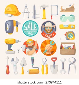 Tools for building, construction and house remodeling. Labels for hardware store.