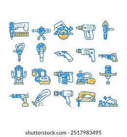Werkzeuge zum Erstellen von doodle Icons Set Vektor. Skizze Linie Kunst Puzzle und Jackhammer, neiler und Elektrohobel, Spritzpistole und Schlüssel, Flazer und Mixer Werkzeuge Farbabbildungen