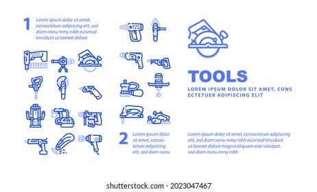 Tools For Building Landing Web Page Header Banner Template Vector. Jigsaw And Jackhammer, Neiler And Electric Planer, Spray Gun And Wrench, Flazer And Mixer Tools Illustration