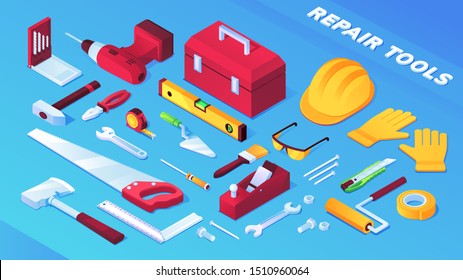 Tools for building and repair items, builder equipment. Toolbox, saw, insulating and measuring tape, wood plane, wrench, level and electric drill, pliers, corner ruler, hammer, brush, helmet, glasses