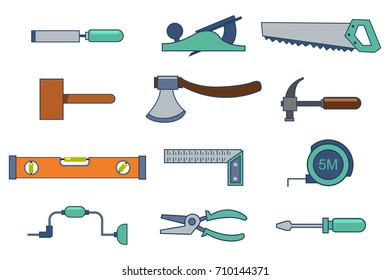 Tools for building and repairing a house. Screwdriver, saw, hand drill, hammer, measuring tape, pliers. Vector set of flat icons isolated on a white background.