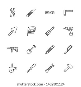 Tools, Building Tool outline icons set - Black symbol on white background. - lined simplicity Sign. Flat Vector thin line Icon - editable stroke