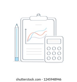 Tools for calculations, mathematical measurements, financial and technical planning and analysis. Clipboard with graph, pencil and calculator. Flat outline vector icon.