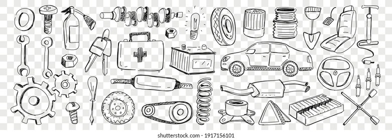 Herramientas para reparación de coches conjunto de doodle