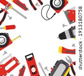 Tools card. Construction tools in red, grey and yellow, hand tools for home renovation and construction. Flat style, vector illustration.