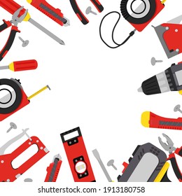 Tools Card. Construction Tools In Red, Grey And Yellow, Hand Tools For Home Renovation And Construction. Flat Style, Vector Illustration.