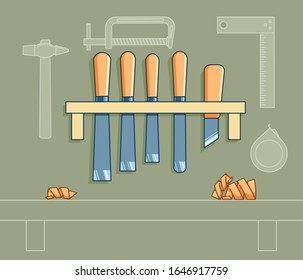 Tools of carpenter. Set of chisels and carpentry knife
