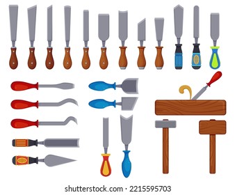 Tools for carpentry and woodcarving vector illustrations set. Collection of chisels for sculptors or carpenters, instruments for woodworking isolated on white background. Woodwork concept
