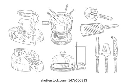 Tools for Chopping and Cutting of Cheese, Steel Knives Set, Cheese Fondue French Dish Vector Illustration