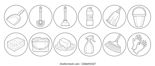 Herramientas de limpieza. Juego de iconos en blanco y negro. Colección de elementos de limpieza del contorno plano vectorial. Equipamiento de limpieza y química.