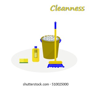 Tools for cleaning: a green bucket with soapy foam, broom with yellow handle and blue bristles and bottle of detergent with a blue cover. White background. Vector illustration 