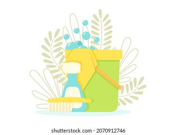 Herramientas para limpiar la casa en el fondo de hojas y plantas.