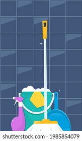 Tools for cleaning and housework. Floor sweeping brush, dustpan, bucket of water and soap suds. Cute flat style vector illustration