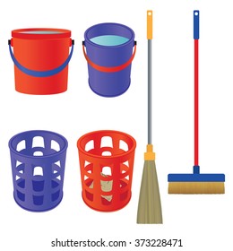Tools for cleaning. Mop, bucket, broom, waste basket. 