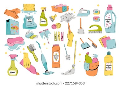 Tools for cleaning set icons concept without people scene in the flat cartoon design. Tools and instruments for quick and high quality cleaning. Vector illustration.