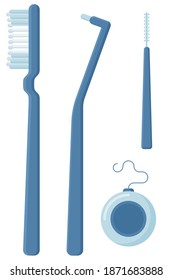 tools for cleaning teeth after installing braces system. Vector illustration