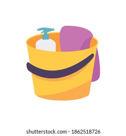 Tools for cleaning in yellow bucket flat vector illustration