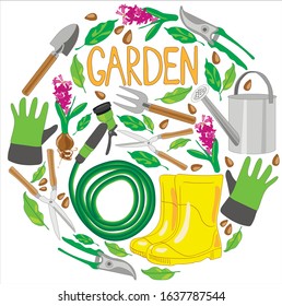 
Tools and clothes for garden care scissors, nippers, watering can, hose, rubber boots, forks, shovel, gloves. Flowers and leaves decor elements. Round card with gardening design elements.