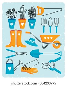 Tools, clothes and shoes for gardening. Flowers in pots.