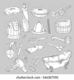 ?are tools collection. Hygiene kits, comb, toothpaste, soap, toothbrush, dish, birch broom, bathtub, hair dryer, scissors, curlers, spray bottle, perfume, pulvirizator, , bucket, ladle, wooden bowl