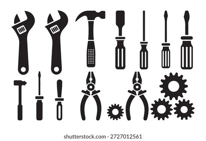 Herramientas colección incluyendo llaves martillos destornilladores alicates y engranajes útiles para el trabajo manual