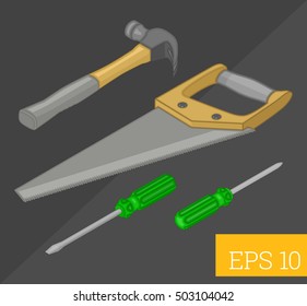 tools collection saw, screwdriver and hammer set eps10 vector illustration.