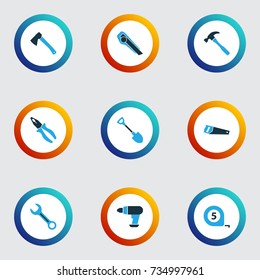 Tools Colorful Icons Set. Collection Of Meter, Axe, Handsaw Elements. Also Includes Symbols Such As Handsaw, Tape, Knife.