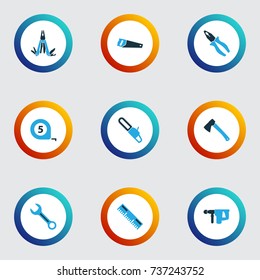 Tools Colorful Icons Set. Collection Of Spanner, Ruler, Multifunctional Pocket And Other Elements. Also Includes Symbols Such As Clamp, Cut, Size.