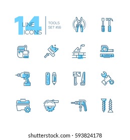 Tools - coloured modern vector single line icons set. Pliers, screwdriver, hammer, paint, brush, roller, brick, trowel, tapeline, level, drill, pencil, ruler, saw, axe, wrench, hand, toolbox