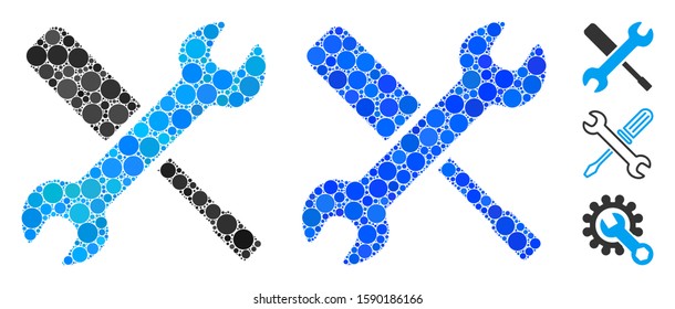 Tools composition of circle elements in various sizes and shades, based on tools icon. Vector round elements are combined into blue composition. Dotted tools icon in usual and blue versions.