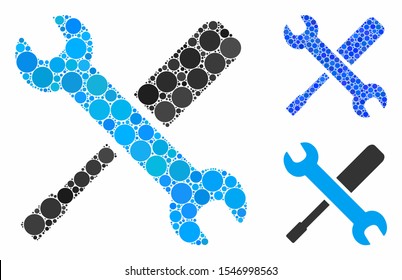 Tools composition of filled circles in different sizes and shades, based on tools icon. Vector filled circles are united into blue collage. Dotted tools icon in usual and blue versions.