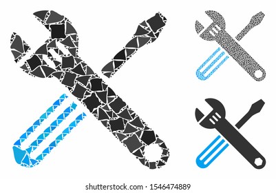Tools composition of unequal parts in different sizes and color tinges, based on tools icon. Vector tuberous parts are organized into composition. Tools icons collage with dotted pattern.