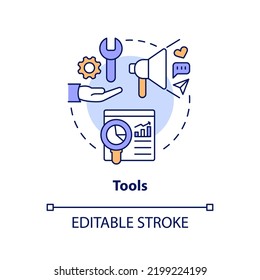 Tools Concept Icon. Marketing Instruments. Creator Economy Stakeholder Abstract Idea Thin Line Illustration. Isolated Outline Drawing. Editable Stroke. Arial, Myriad Pro-Bold Fonts Used