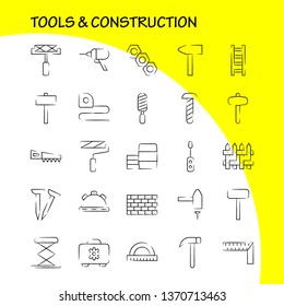 Tools And Construction Hand Drawn Icon Pack For Designers And Developers. Icons Of Box, Case, Cog, Construction, Construction, Measure, Tape, Tape Vector