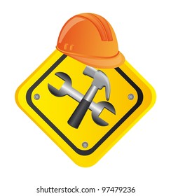 tools construction with helmet, road sign. vector illustration