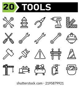 Tools construction icon set include wrench, tools, spanner, contraction, equipment, hydrant, water, fire hydrant, fire, pliers, carpenter, handyman, technician, drill, tool, pan tone, color, paint