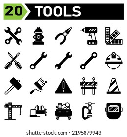 Tools construction icon set include wrench, tools, spanner, contraction, equipment, hydrant, water, fire hydrant, fire, pliers, carpenter, handyman, technician, drill, tool, pan tone, color, paint