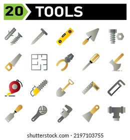 Tools construction icon set include screw, self tapping, bolt, self fastening, construction, nail, tools, carpenter, building, water pass, level, shovel, trowel, cement, equipment, work,bold,tool,saw